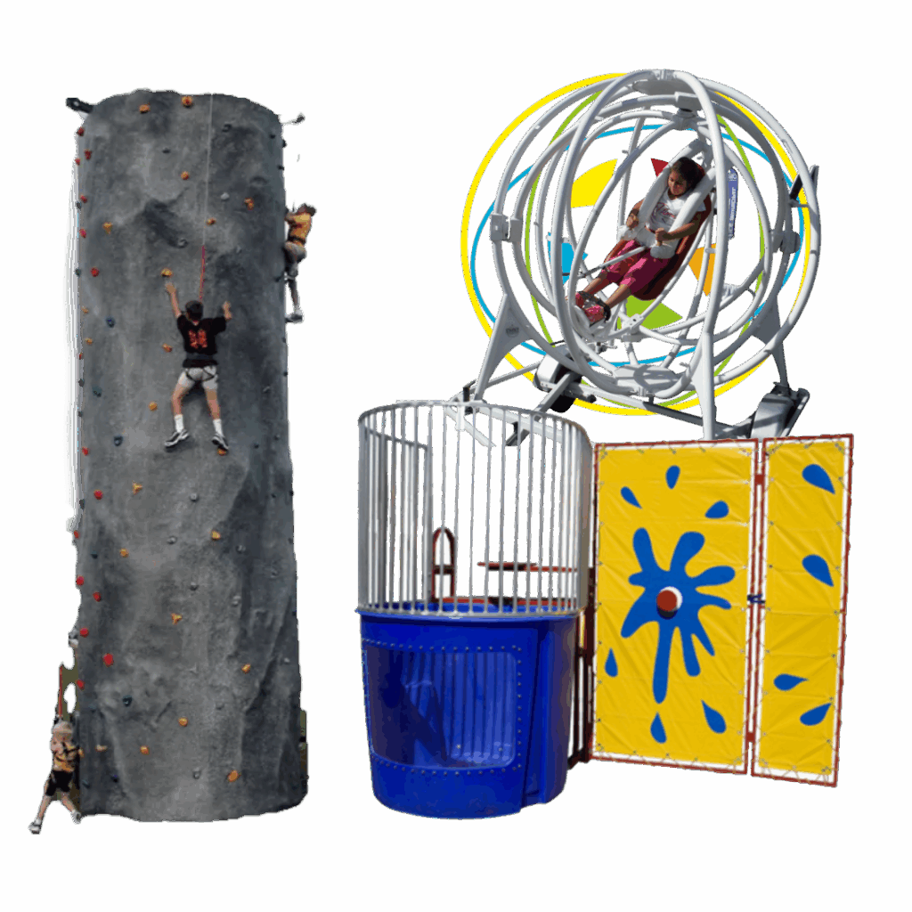 rock climbing wall and dunk tank